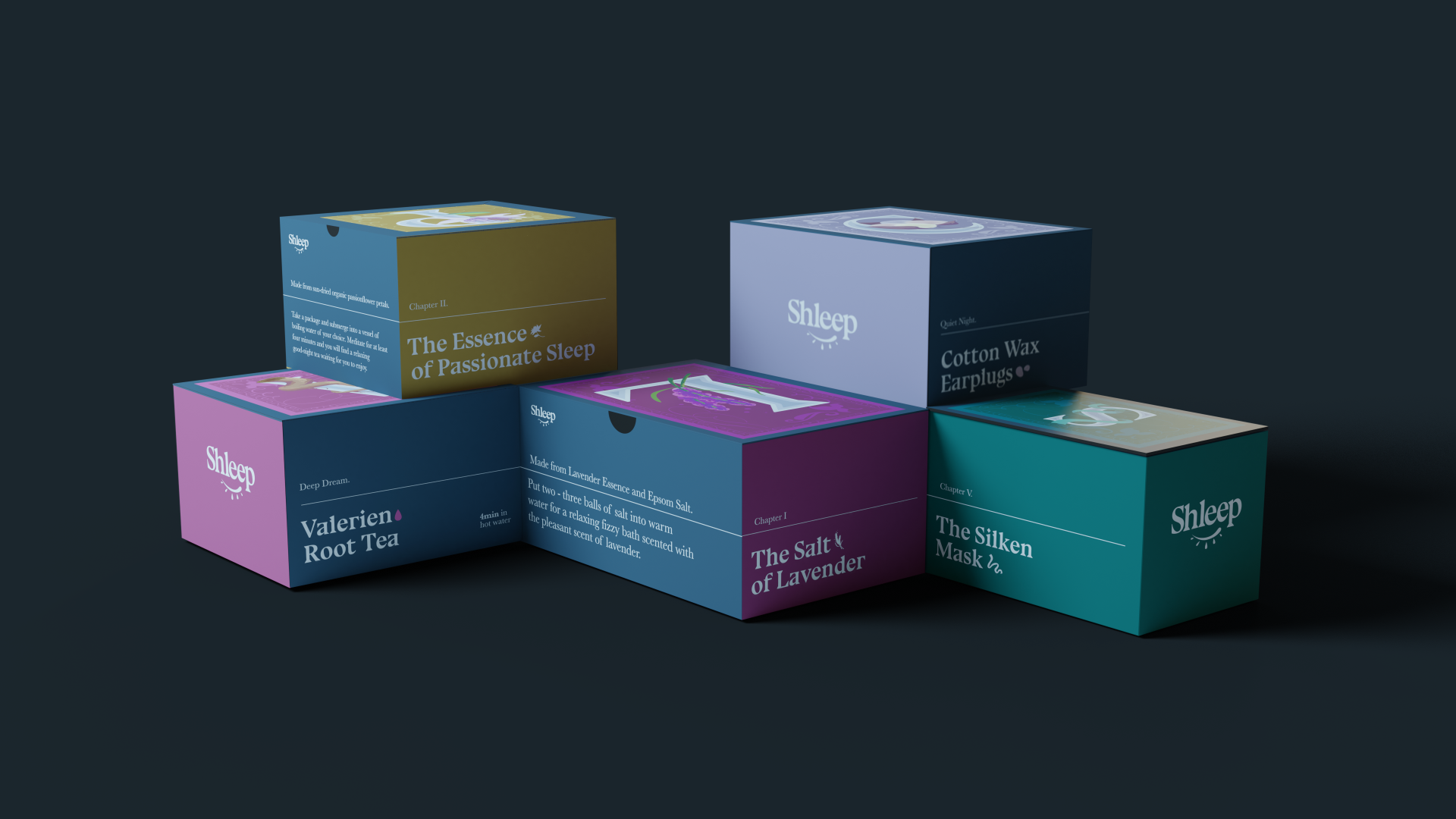 Shleep product boxes stacked